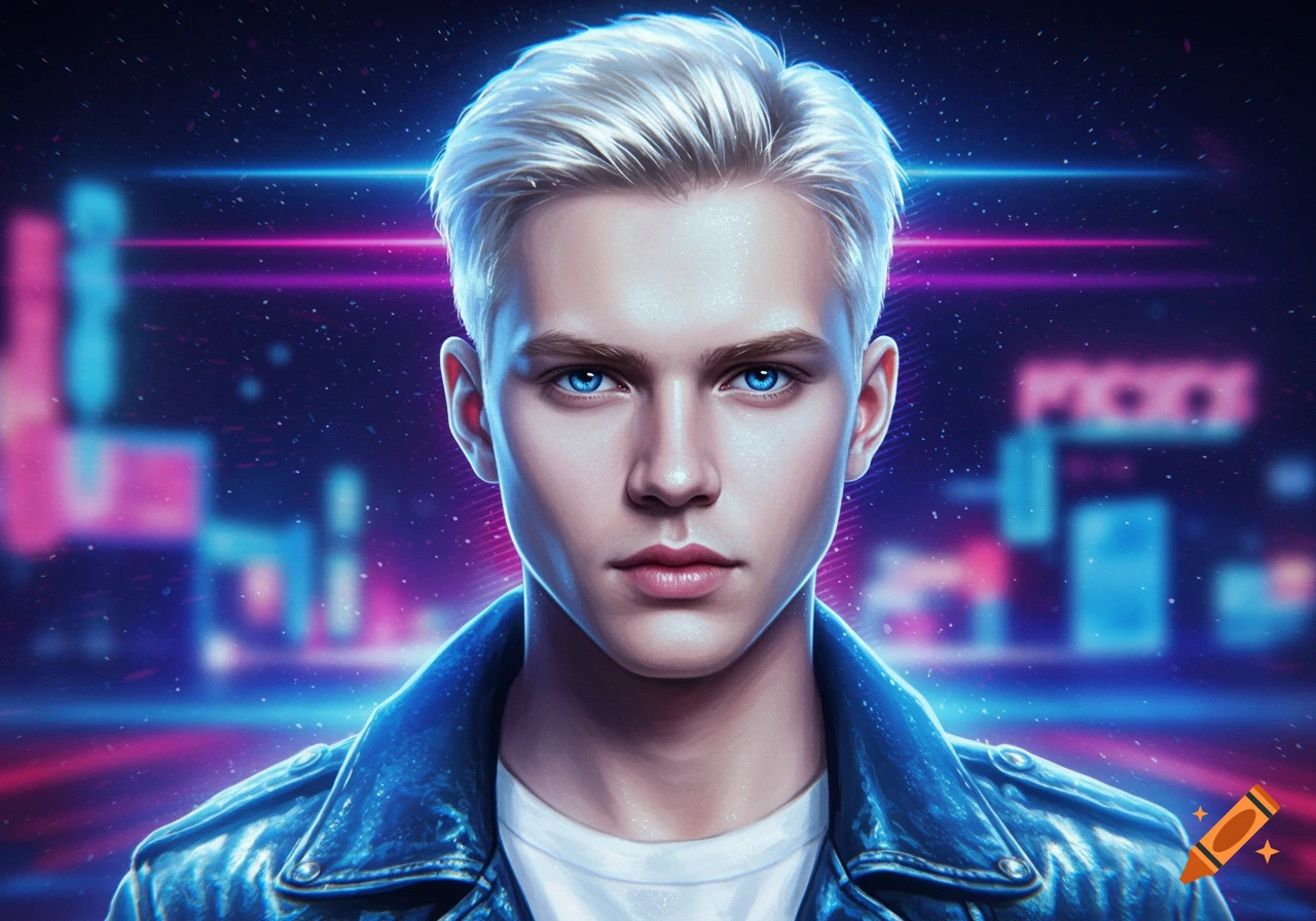 A stylized portrait of a young man with platinum blond hair and blue eyes, wearing a leather jacket, against a neon-lit futuristic city background.