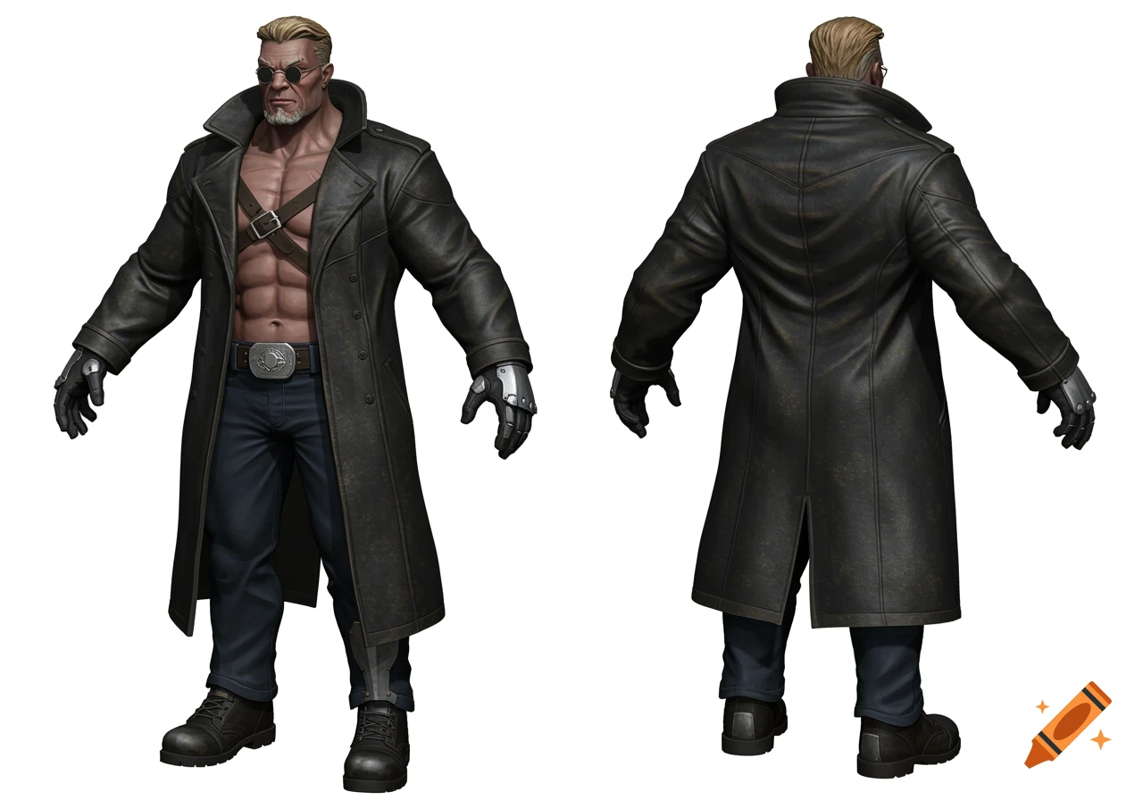 A full-body 3D model of a muscular, broad-shouldered man in a T-pose, wearing a long black leather coat, black jeans, boots, and steel gloves, shown from front and back on a white background.