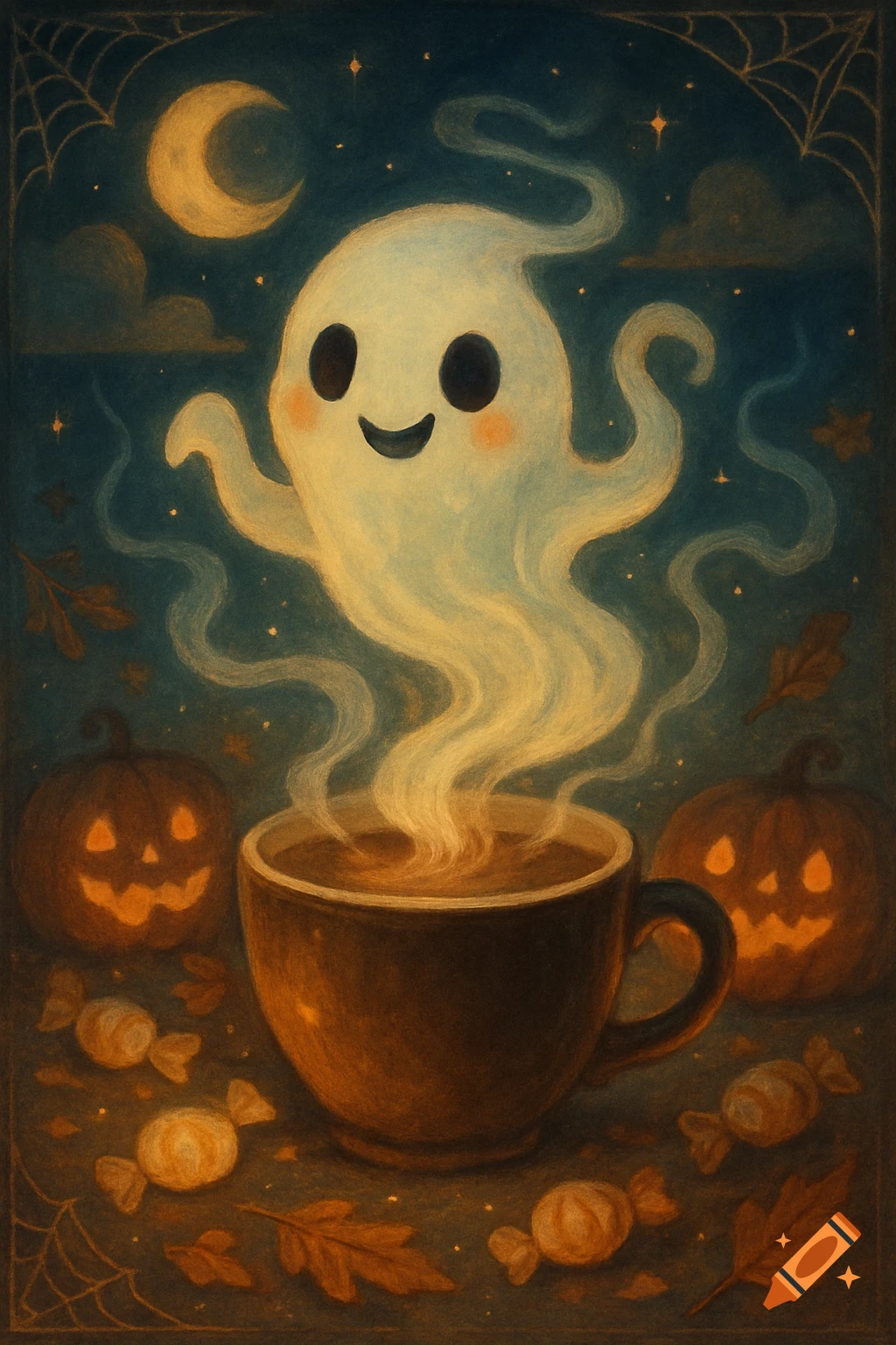 A cute ghost rises from a steaming coffee cup, surrounded by pumpkins, candies, and autumn leaves under a crescent moon in a painterly style.