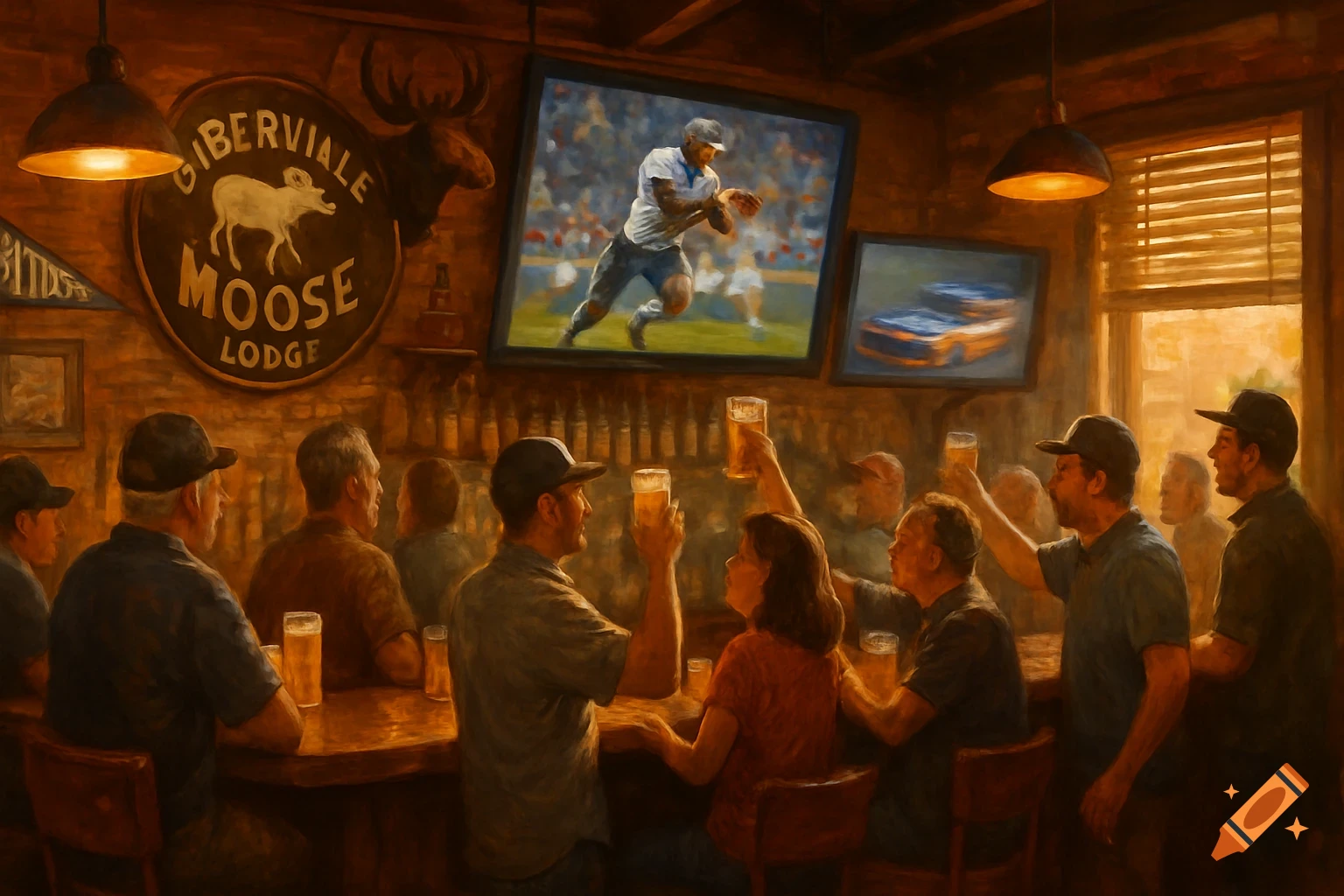 A painterly depiction of people watching football and NASCAR on TV screens in a dimly lit bar, with a sign for the 'Moose Lodge' on the wall.