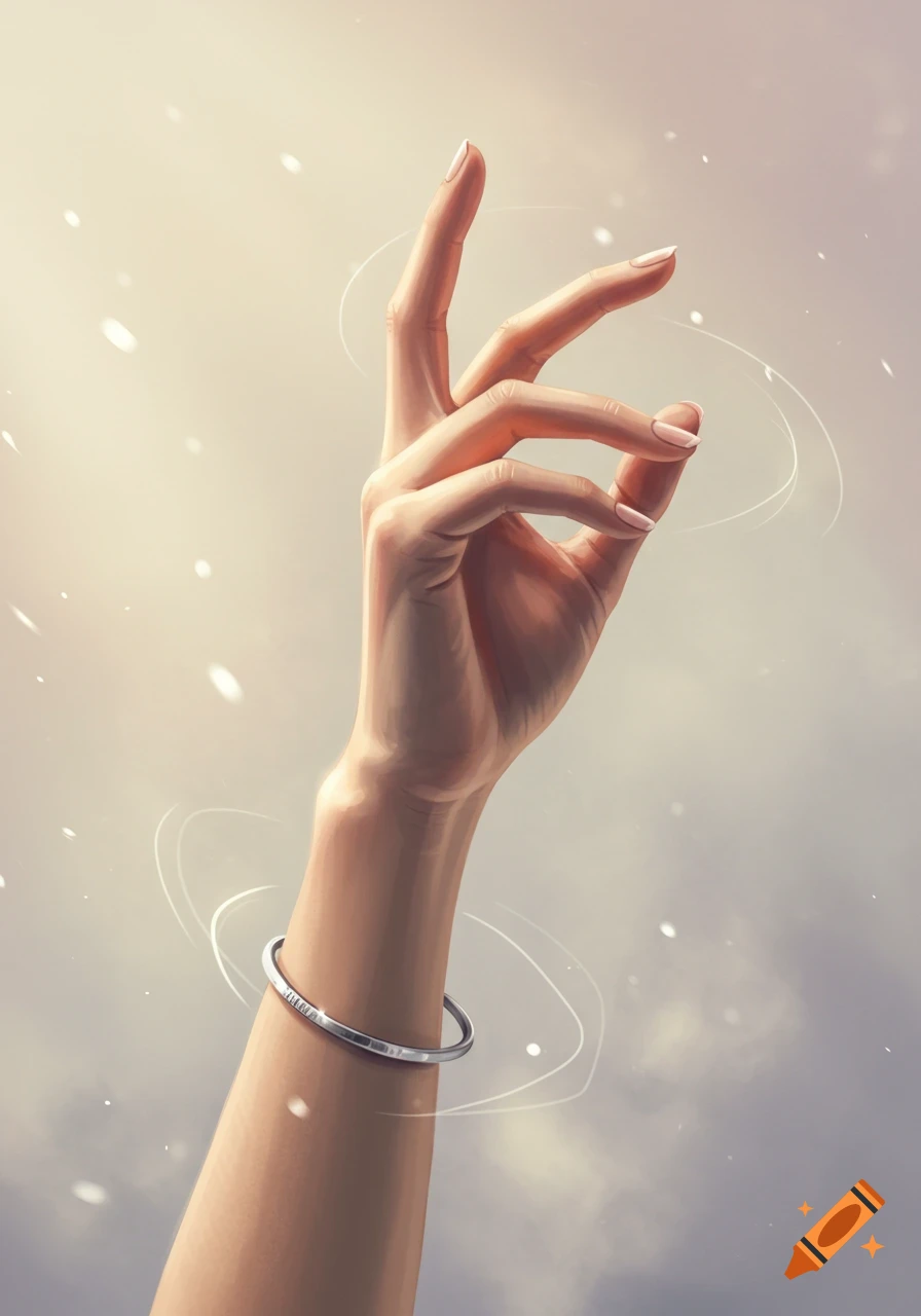 A stylized image of a hand and forearm reaching upwards, wearing a silver bracelet, with subtle light effects and sparkles.