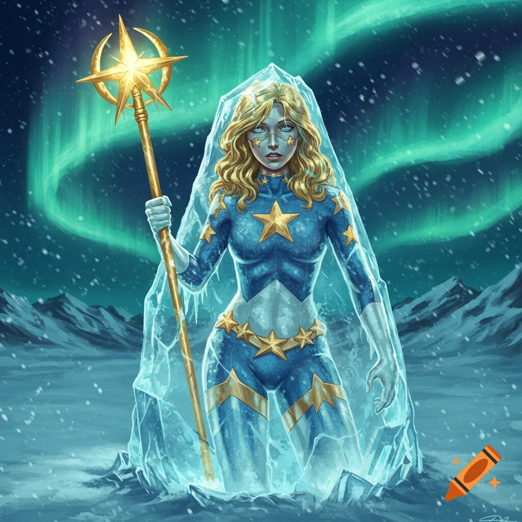 Stargirl in a blue and gold star-themed suit, frozen in ice and holding a staff, in a snowy landscape under an aurora.