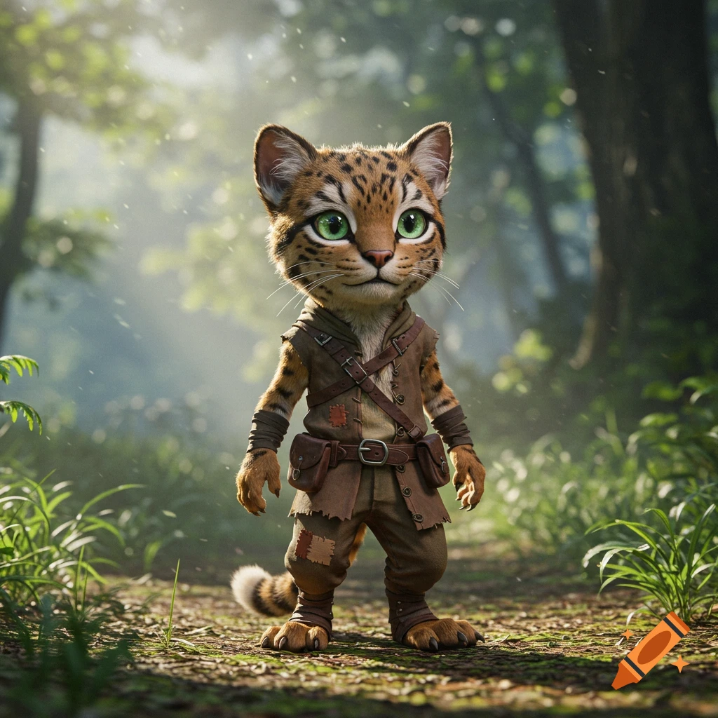 A small, anthropomorphic cat creature with big green eyes, dressed in brown adventurer gear, stands on a forest path with sunlight filtering through trees.