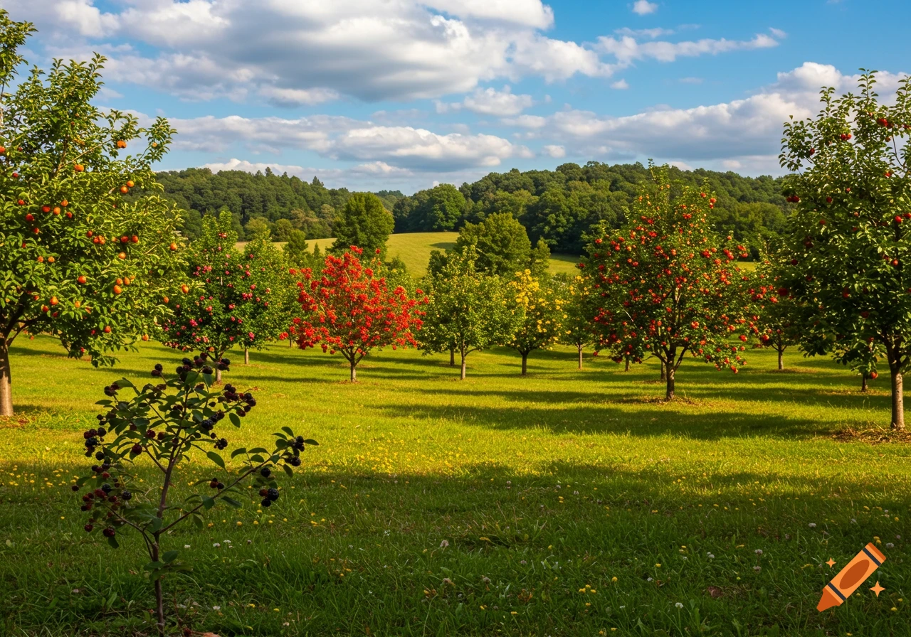 A sunlit orchard with various fruit trees and a blackberry bush in the foreground, set against rolling hills and a blue sky with clouds.