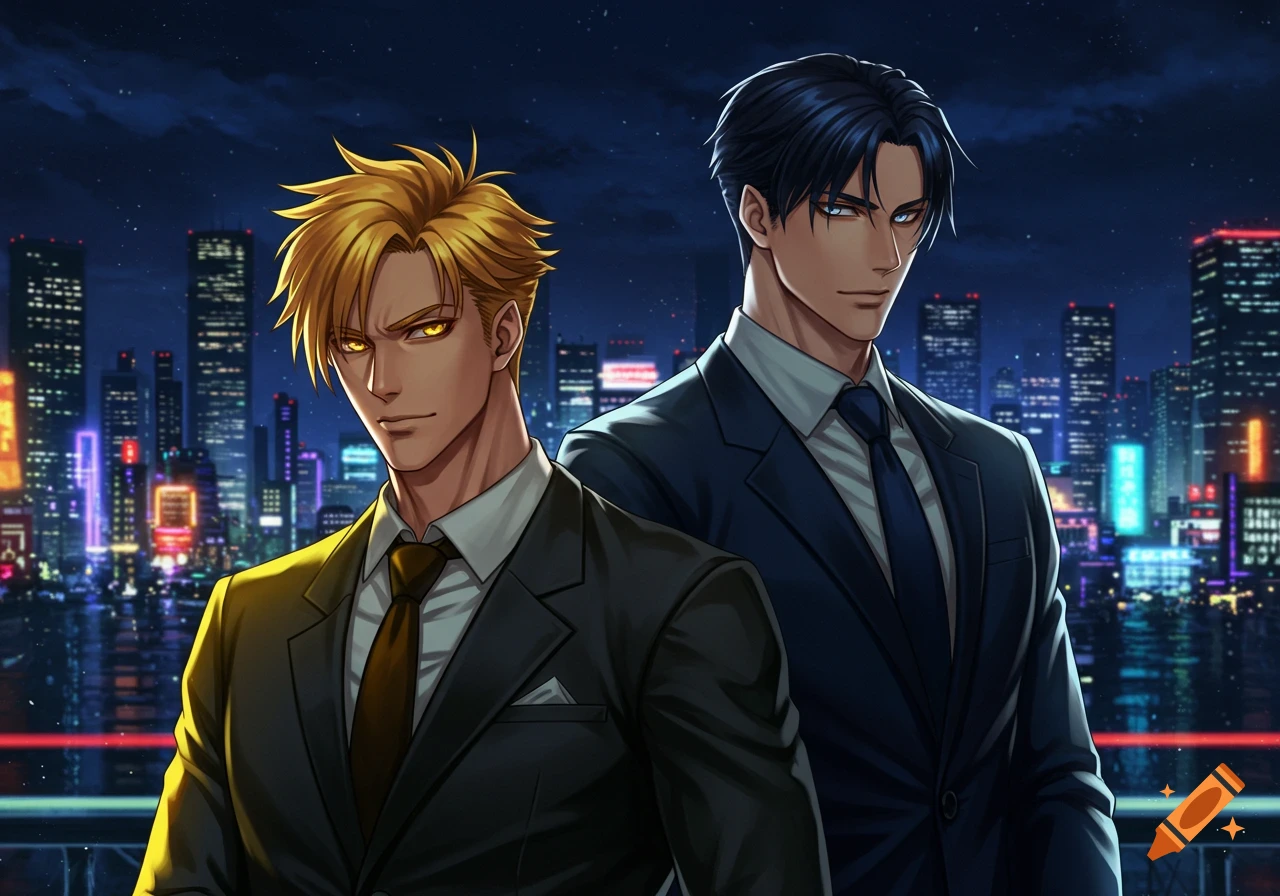 Two anime businessmen in suits standing against a nighttime cityscape.