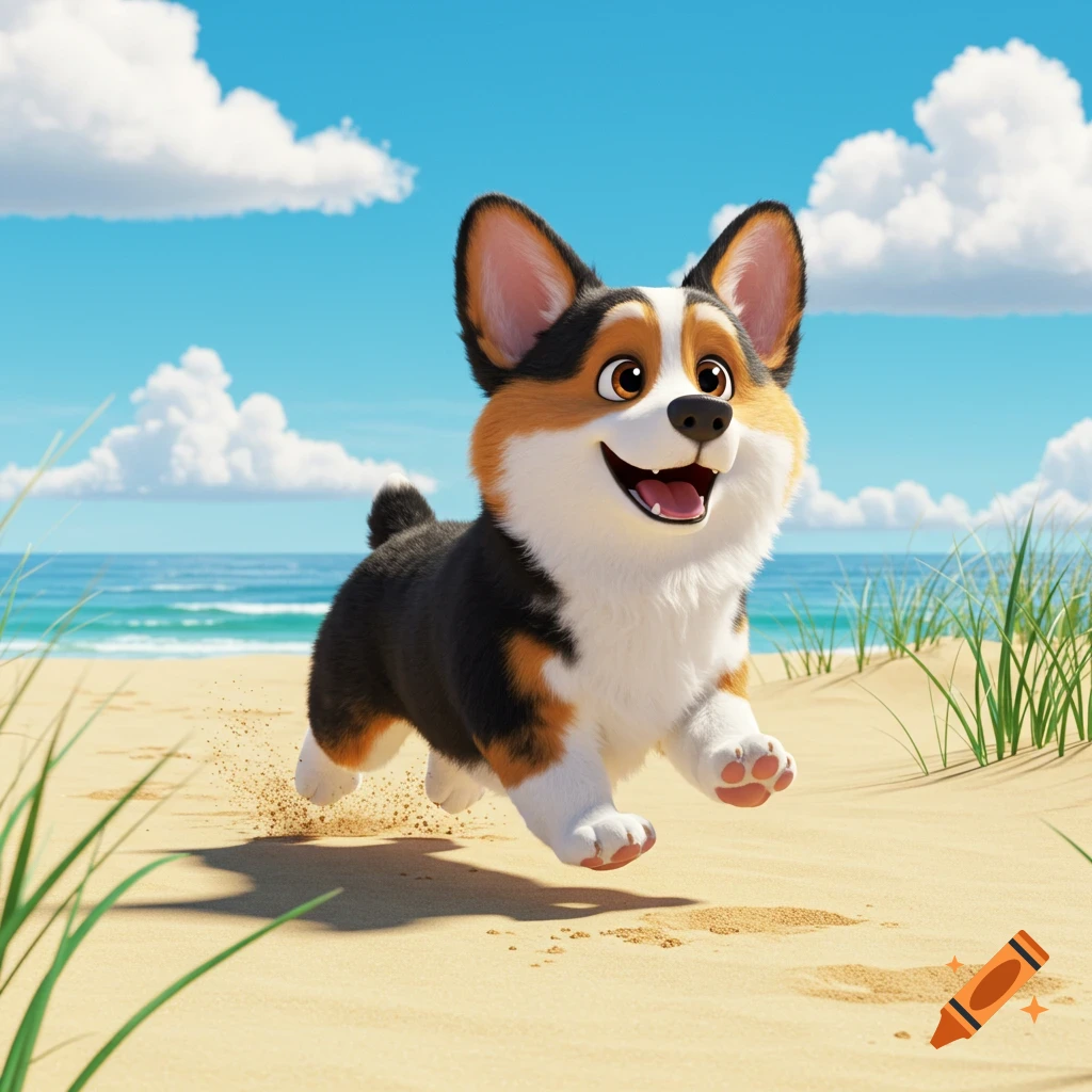 A cheerful tricolor corgi sprints on a sandy beach, kicking up sand, with ocean waves and a blue sky in Pixar animation style.