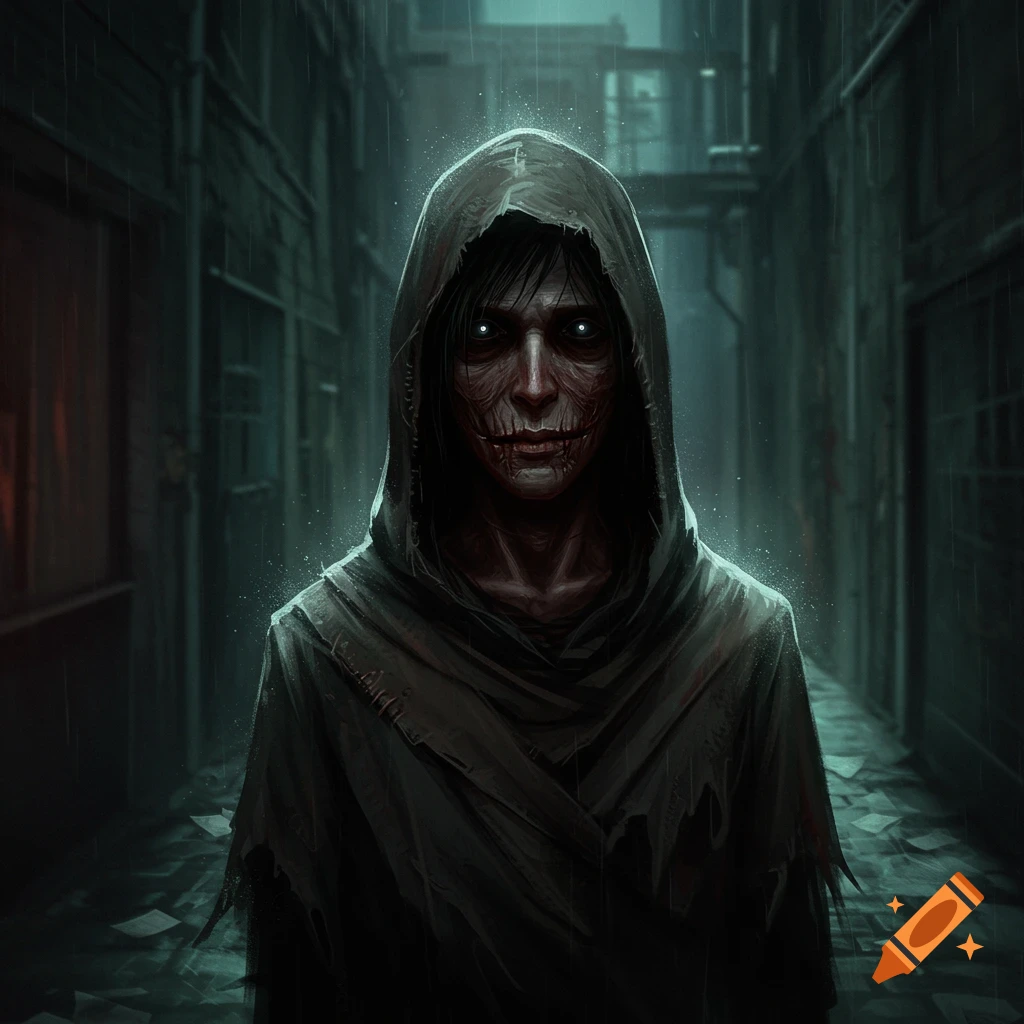 A creepy hooded figure with a scarred, stitched mouth and glowing eyes stands in a dark, rainy alleyway.