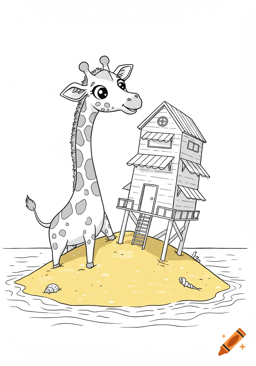 A cute line art illustration of a baby giraffe standing on a small sandy island next to a leaning wooden beach house, surrounded by water.
