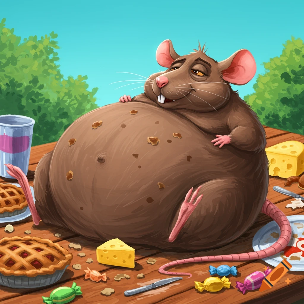 Cartoon of an extremely fat brown rat lounging on a picnic table amidst crumbs, pies, cheese, and candy.
