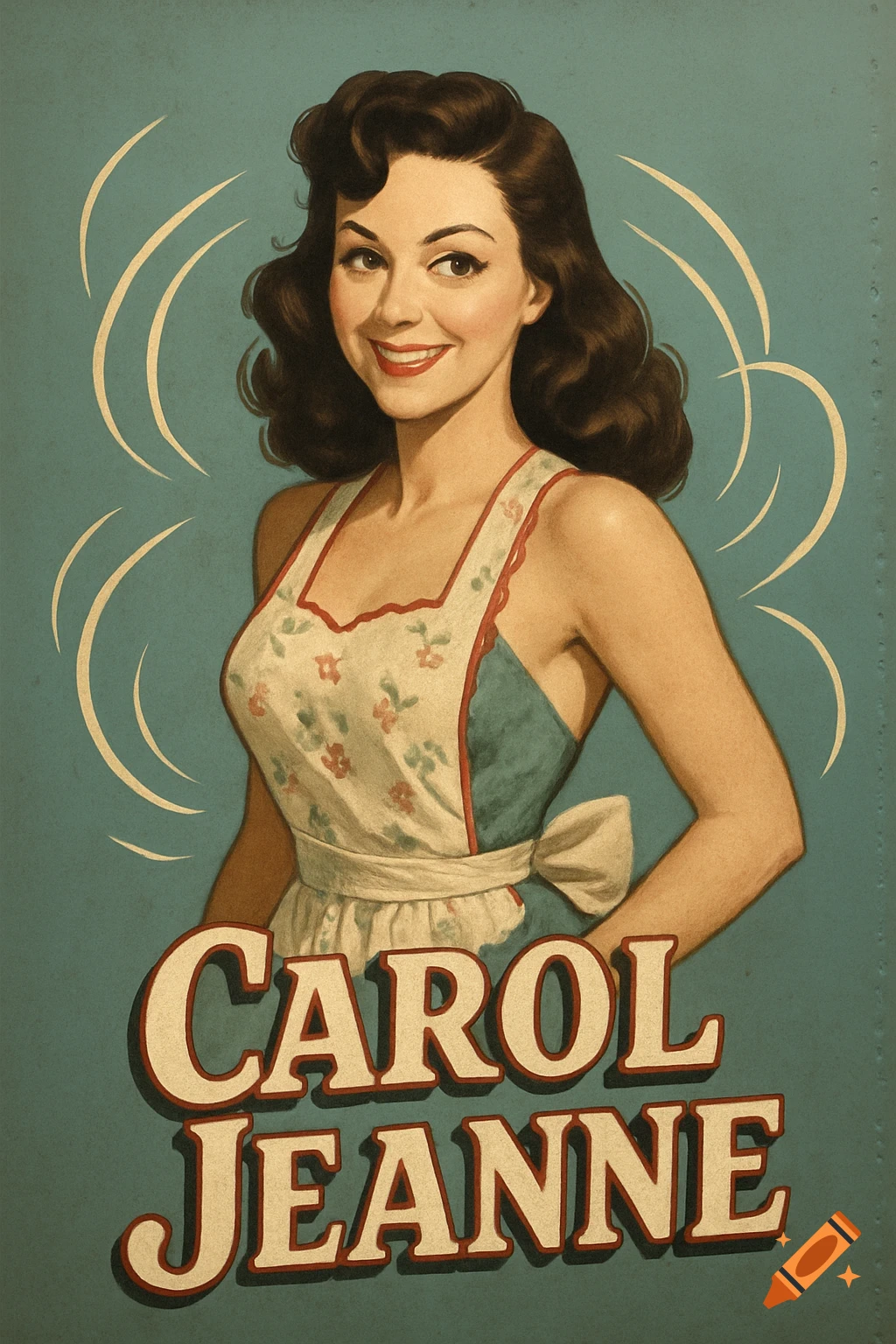 A vintage poster of a smiling brunette woman in an apron, with 'CAROL JEANNE' written below.