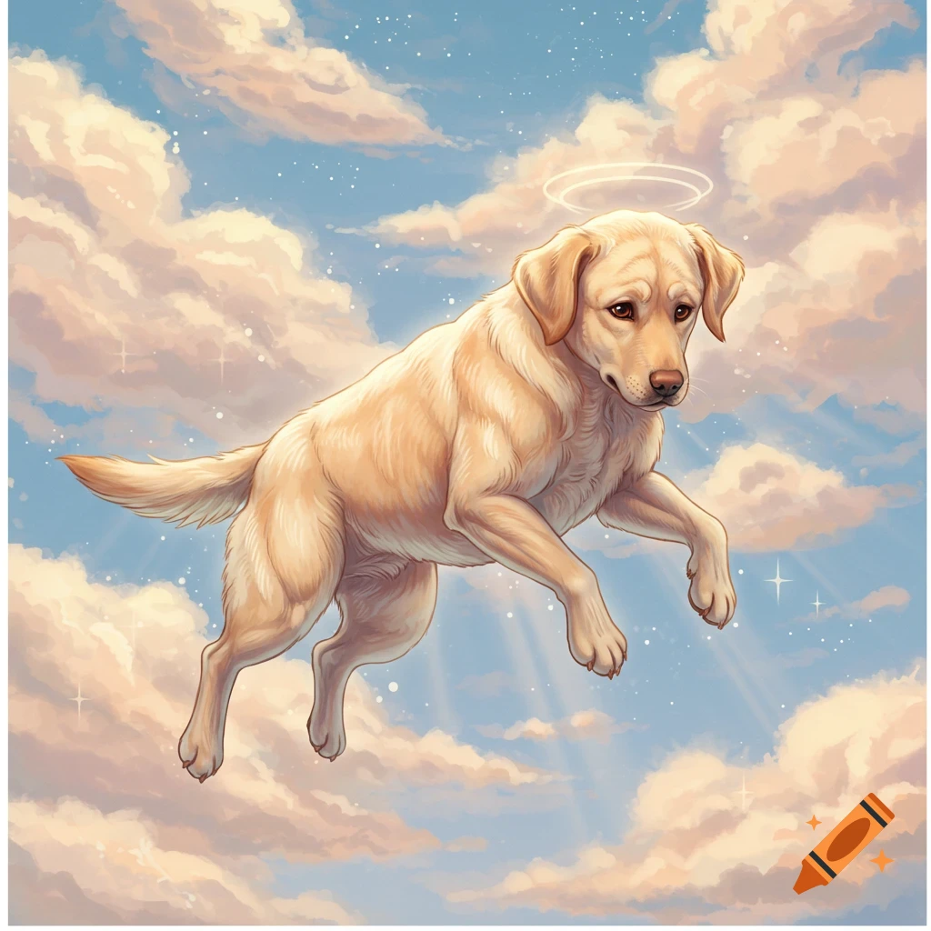 A digital illustration of a golden labrador with a halo floating gracefully amongst pastel clouds in a blue sky.