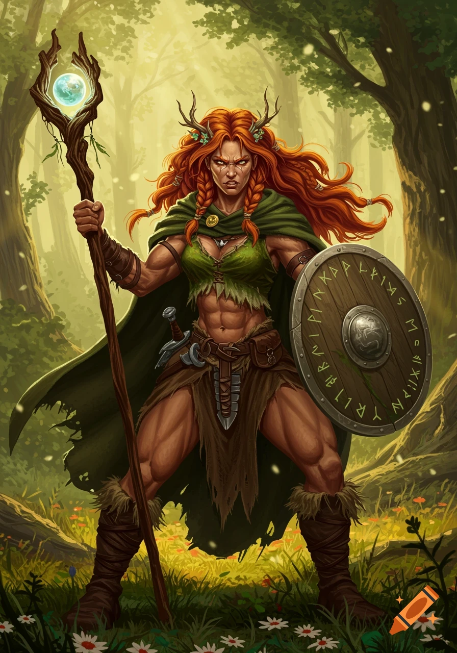 A strong muscly female druid with ginger braided hair, holding a staff and shield, standing in a forest.