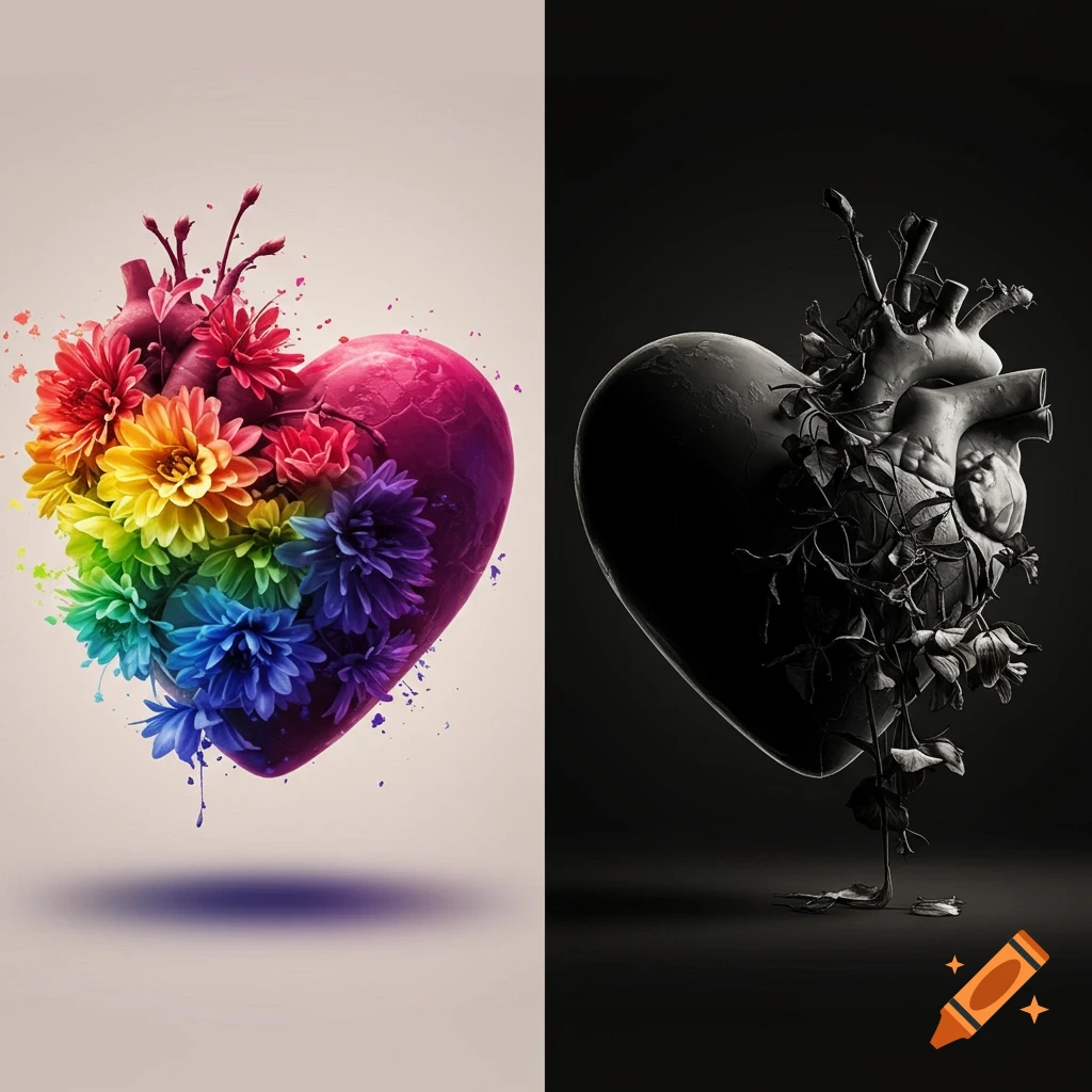 Two stylized hearts, one vibrant pink with rainbow flowers, the other dark and wilting, on a split background.