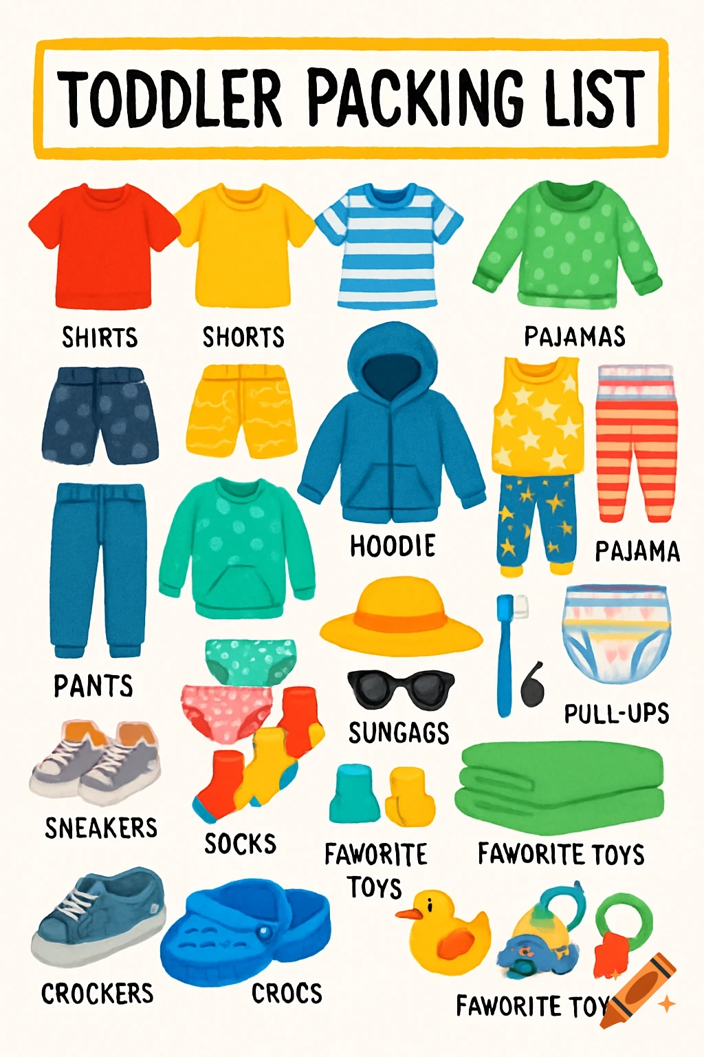 Colorful illustration of a toddler packing list, showing items like shirts, shorts, pants, pajamas, a hoodie, socks, sneakers, Crocs, sunglasses, a hat, a blanket, pull-ups, and toys, with labels for each item.