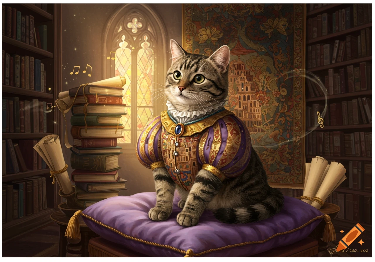 A tabby cat in an elaborate, regal purple and gold outfit sits on a velvet cushion in a grand library with bookshelves, scrolls, and a stained-glass window.