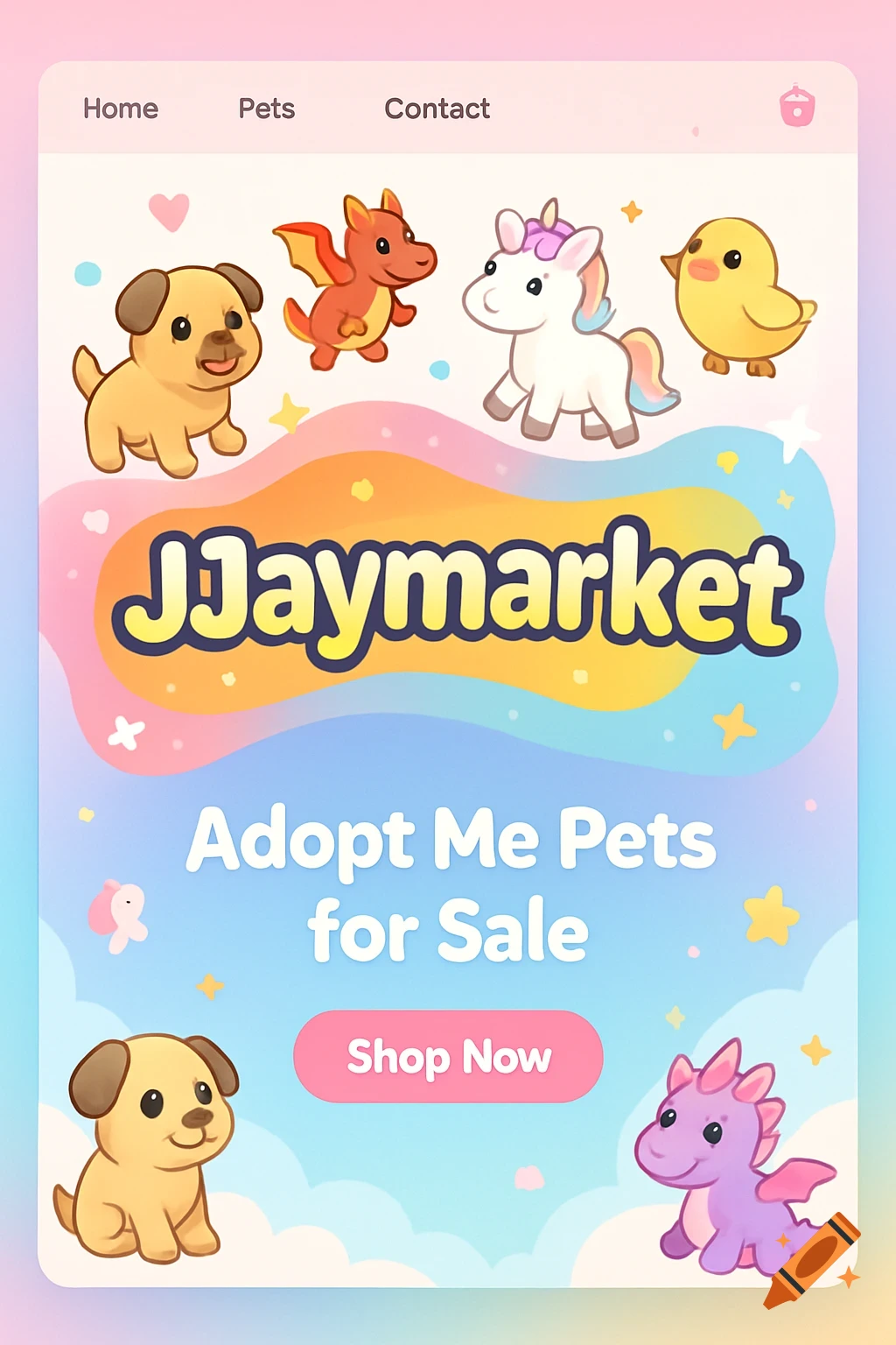 A colorful cartoon website design for JJaymarket, featuring cute pets, with text 'Adopt Me Pets for Sale' and 'Shop Now'.
