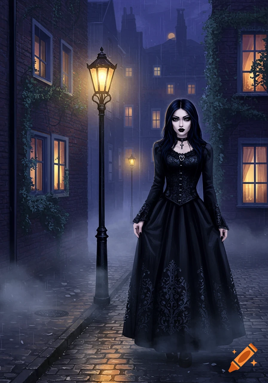 A goth girl with long black hair and dark makeup in a black dress stands on a wet cobblestone street under a gas lamp at night.