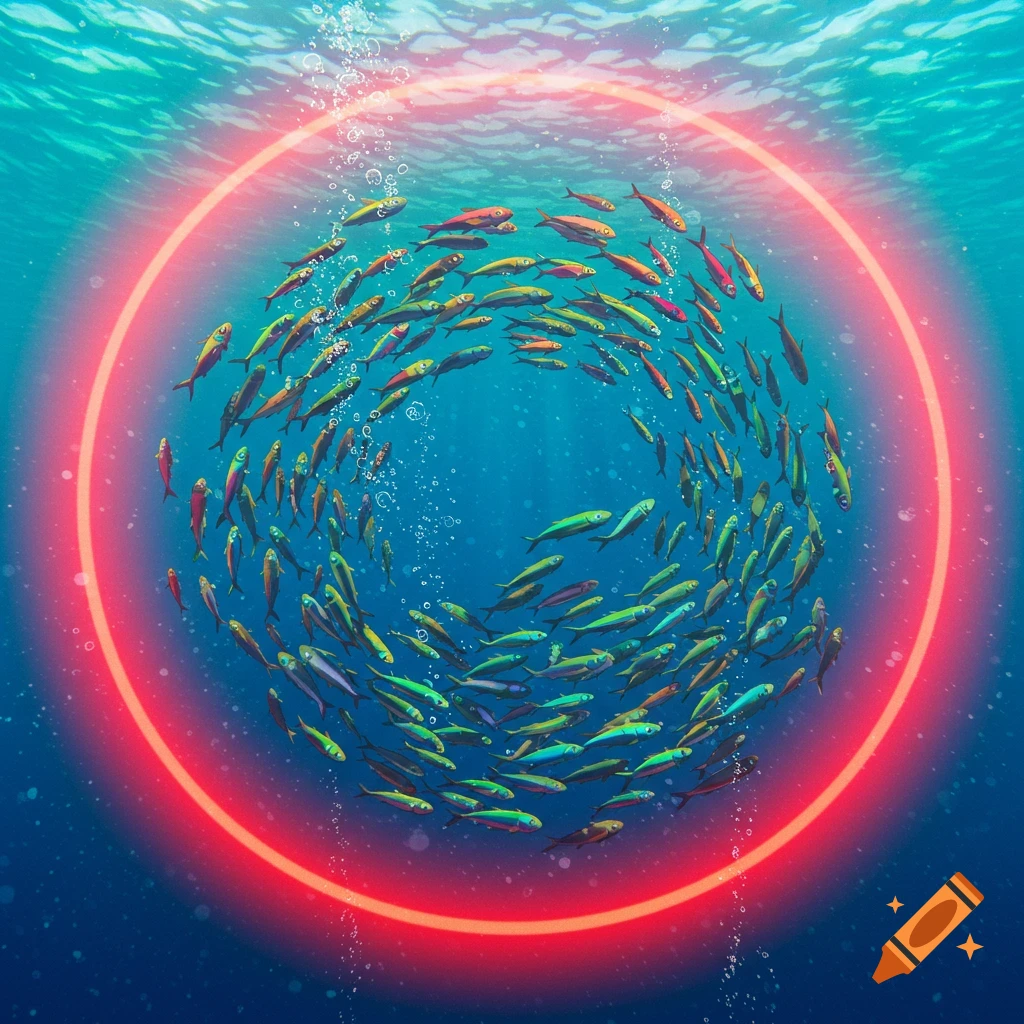 A school of colorful fish swimming in a swirling circle underwater, surrounded by a bright red neon ring.