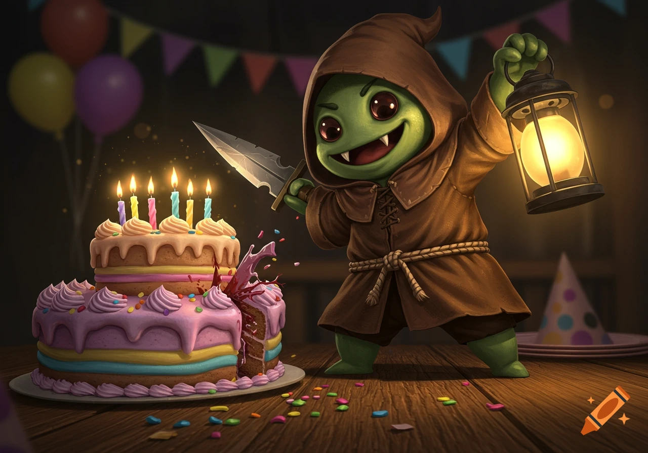A cartoon Tonberry in a brown robe stabs a colorful birthday cake with a knife, holding a glowing lantern at a party.