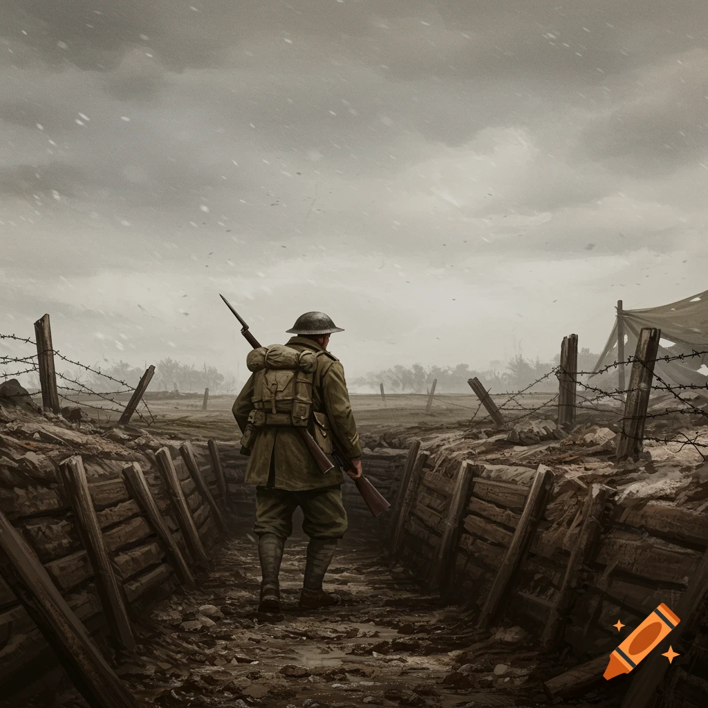A lone soldier walks through a muddy WWI trench under a cloudy sky.