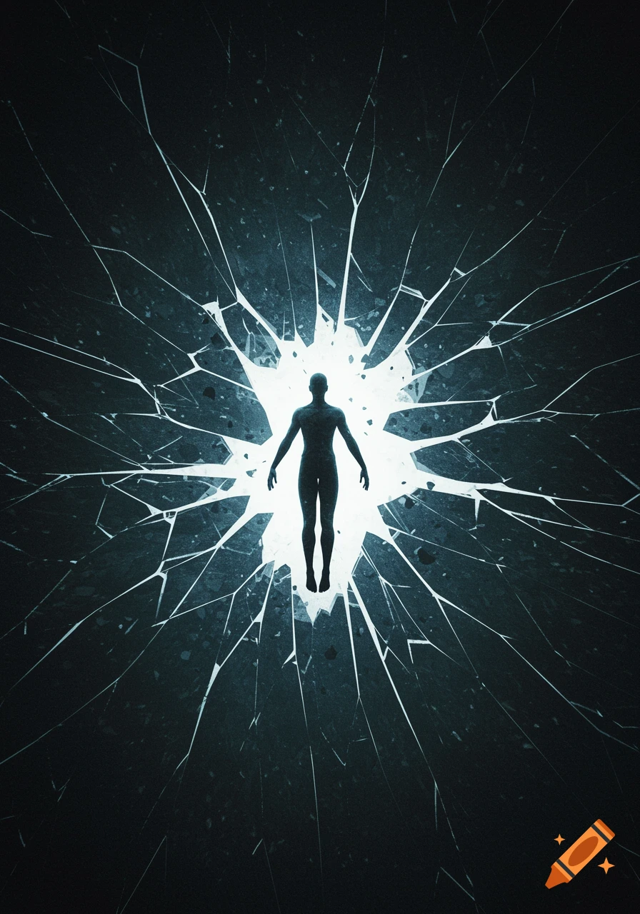 A dark silhouette of a figure floats against a bright light radiating from a shattered, fractured background.