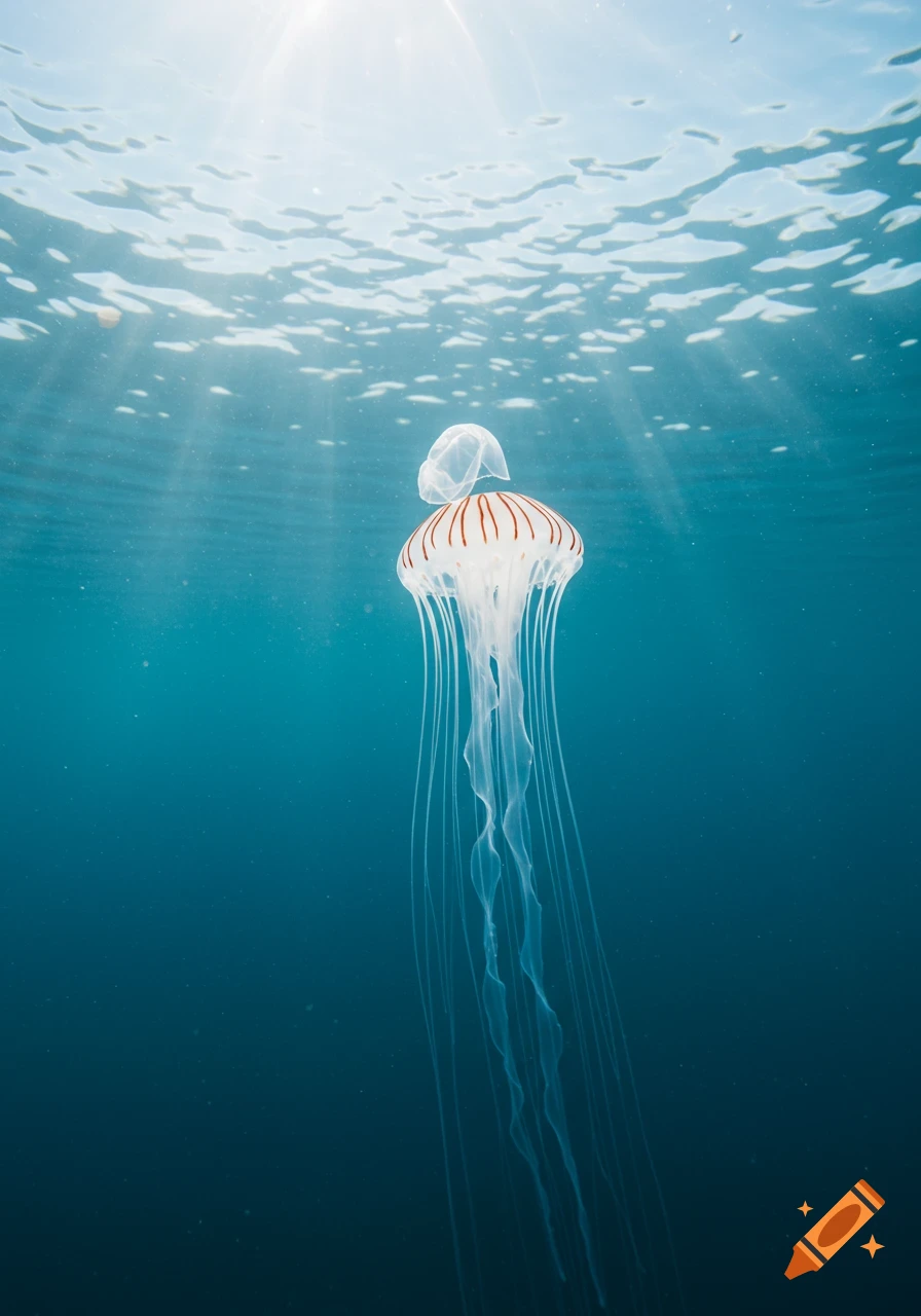 A translucent jellyfish with reddish-brown stripes floats gracefully in clear blue water, with sunlight filtering from above.
