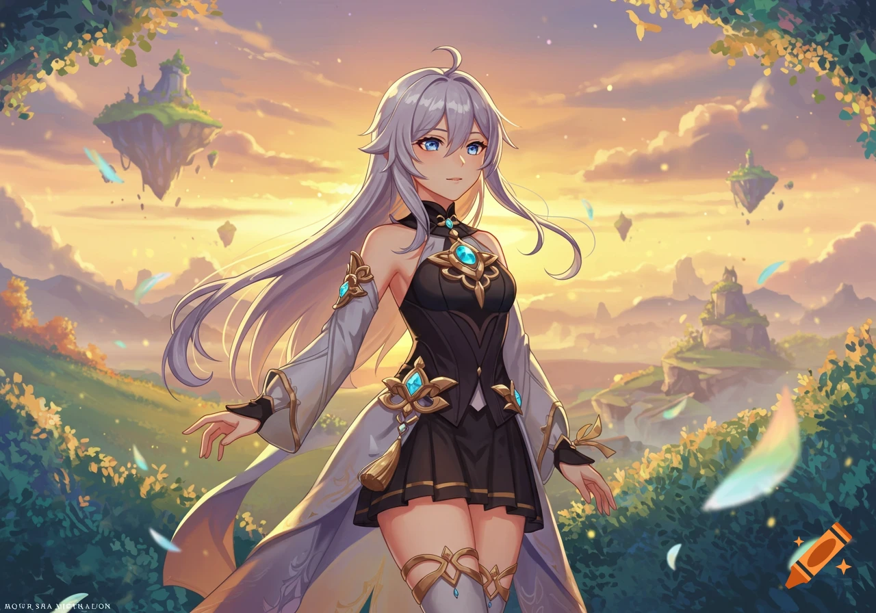 Anime girl with long white hair in a fantasy landscape with floating islands under a sunset sky.