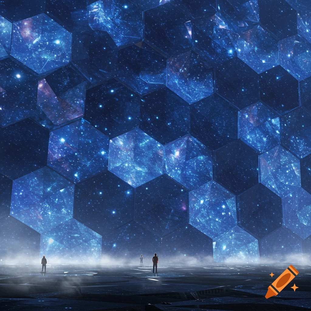Three small figures stand in a misty, vast hall beneath a wall of glowing blue hexagonal panels displaying cosmic nebulae and stars.