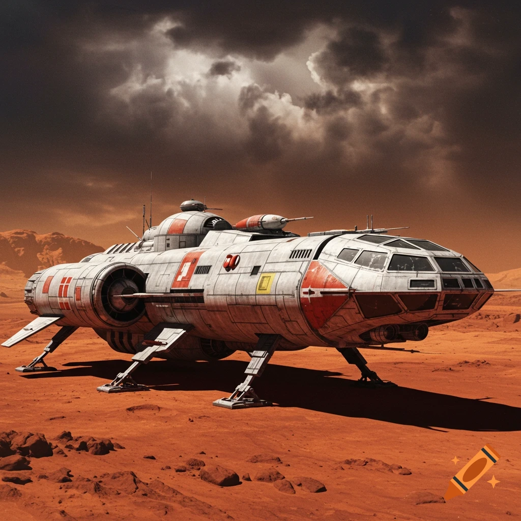 A retro-futuristic spaceship sits on a dusty red Martian surface under a dramatic, cloudy sky.
