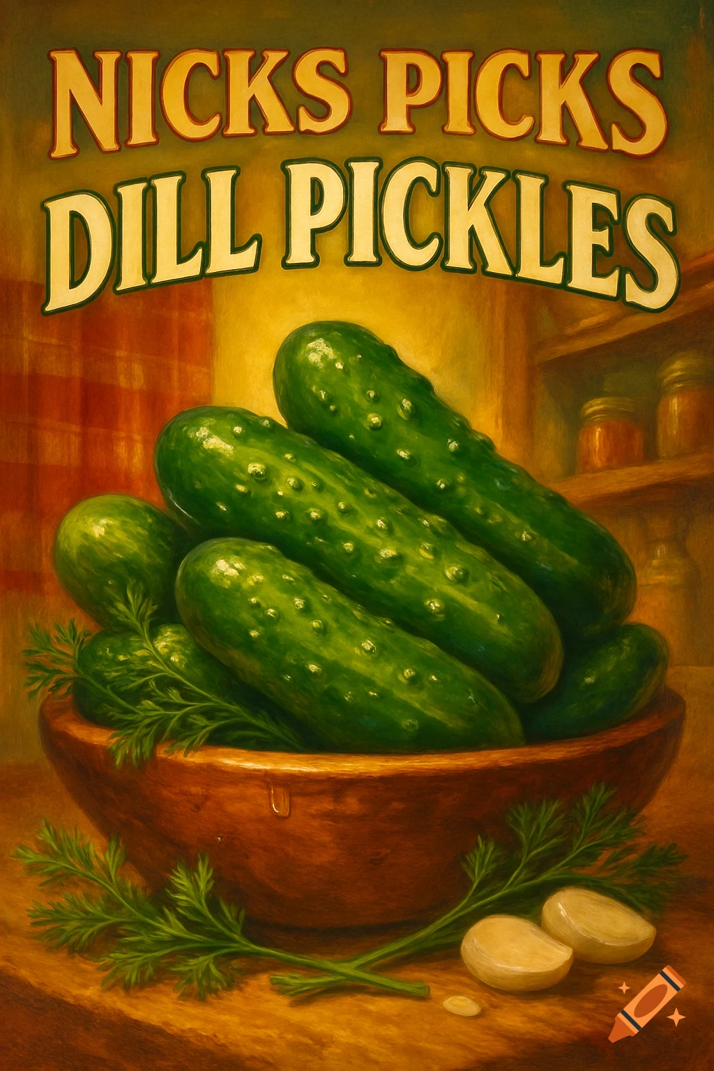 A painted still life of a bowl of green dill pickles and dill sprigs with garlic cloves, beneath text 'NICKS PICKS DILL PICKLES'.