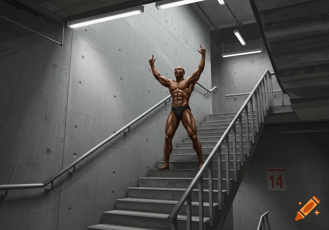 A very muscular bodybuilder in a black speedo stands victoriously on a concrete stairwell, arms raised. The number 14 is on the wall.