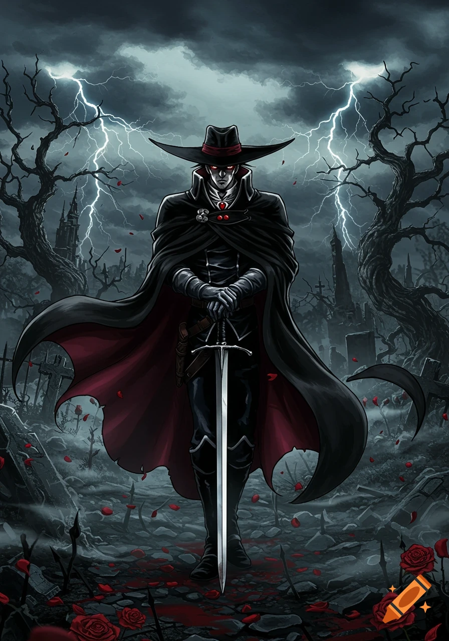A dark fantasy illustration of a cloaked man, like Vampire Hunter D, holding a sword in a gothic graveyard under stormy lightning.