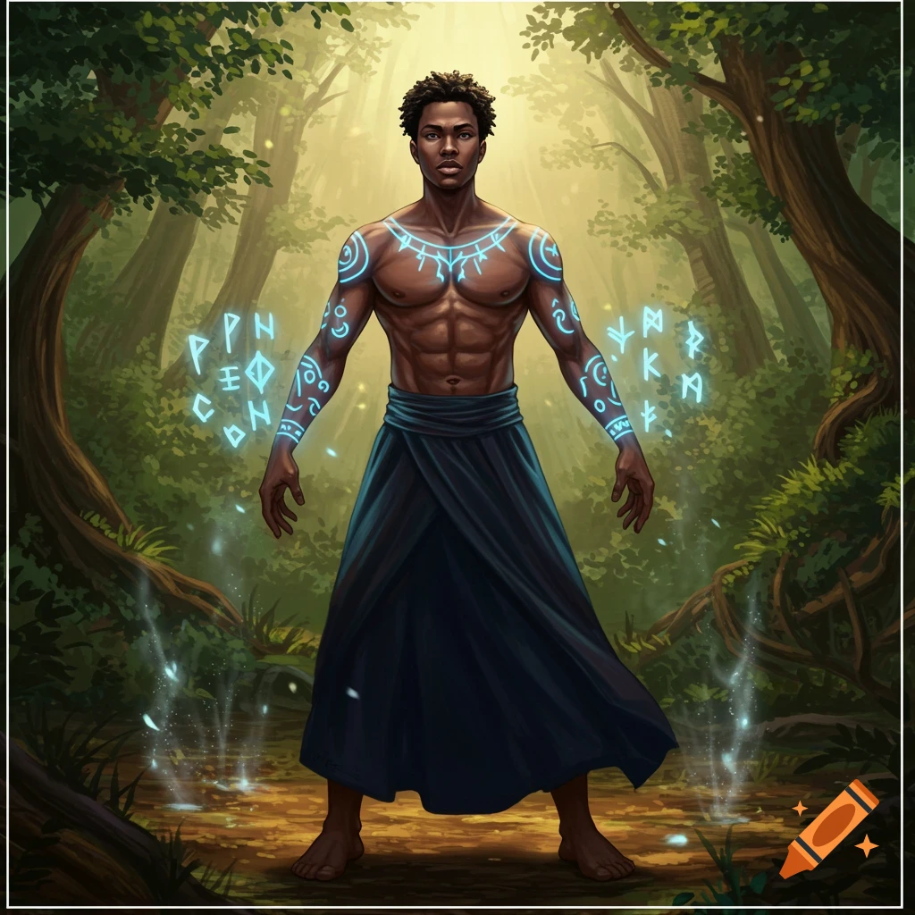 A young African American man with glowing blue runic tattoos on his chest and arms, wearing a dark skirt, stands in a sunlit forest. Floating runes surround him.