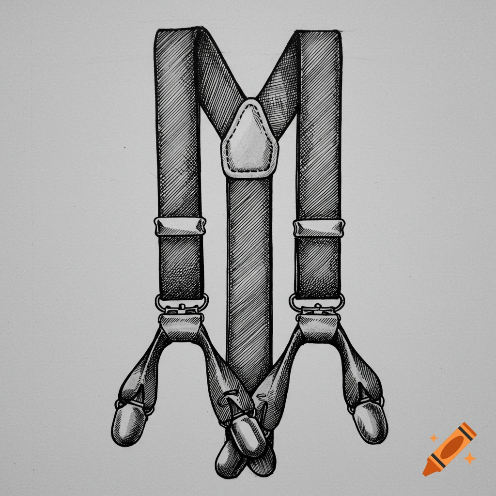 A black and white ink drawing of a pair of suspenders against a light background.
