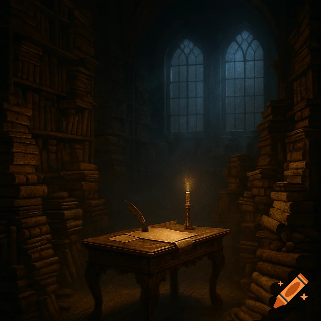 A dark, atmospheric gothic library with a candle-lit desk, quill, and stacks of old books.