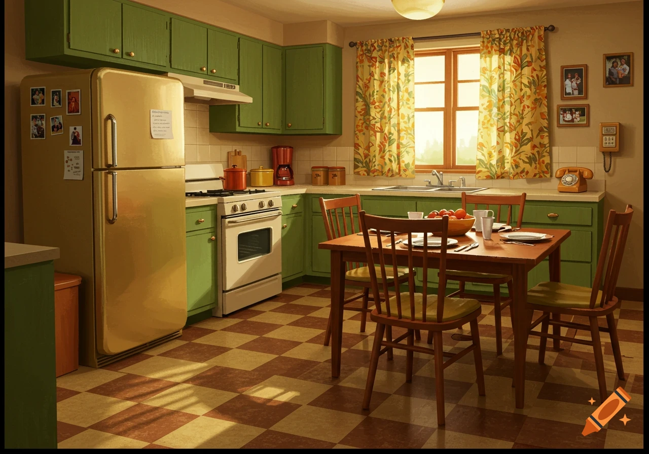A cozy, vintage 1970s kitchen with green cabinets, a gold refrigerator, and a wooden dining table.