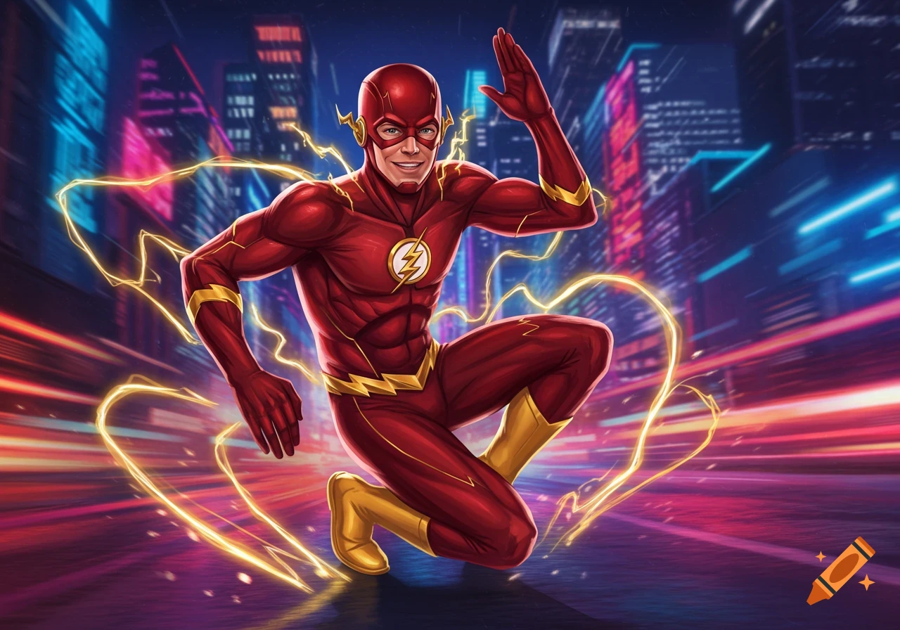 The Flash in his red and gold suit, crouching with lightning effects around him, against a blurry, neon-lit city at night in a comic art style.