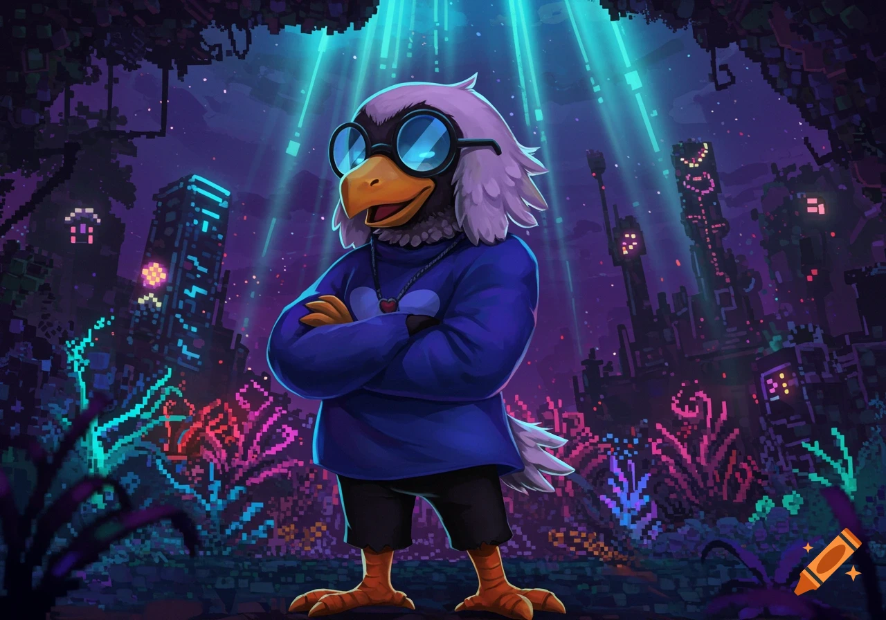 A blue-feathered bird character wearing glasses and a sweater stands with crossed arms in a neon-lit, pixelated city.