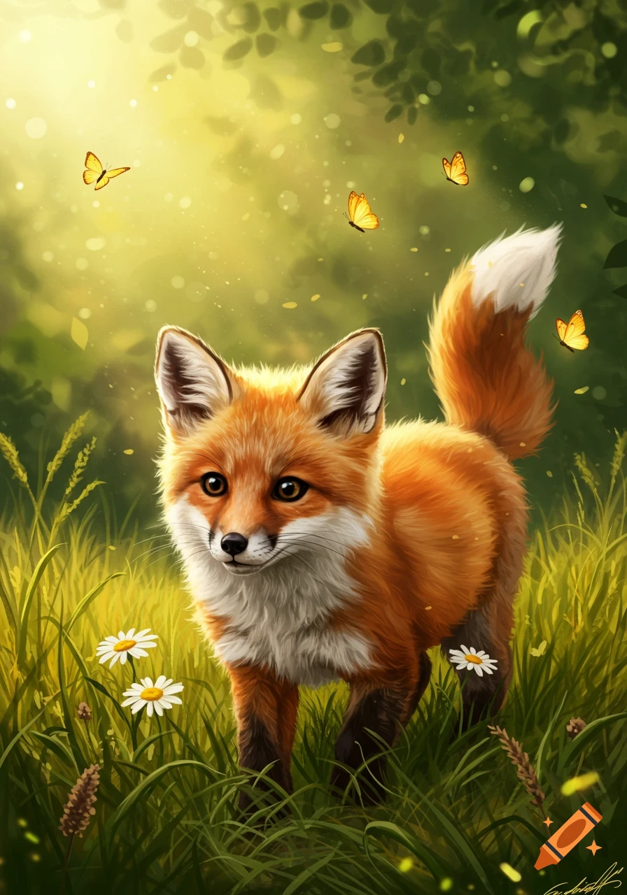 A cute, fluffy red fox stands in tall green grass with white daisies and yellow butterflies. Golden light filters through trees.