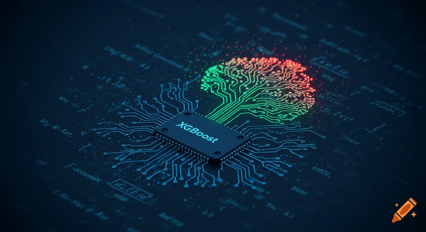 A microchip labeled 'XGBoost' with glowing green and red circuit board traces forming a tree-like pattern on a dark background.