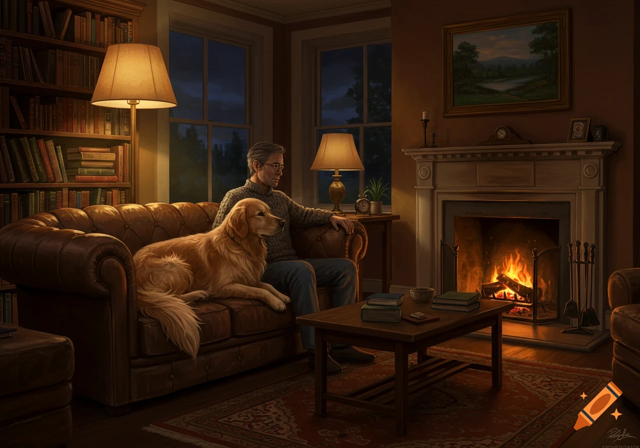 A man and a golden retriever sit on a leather couch in a cozy living room with a fireplace and bookshelves.