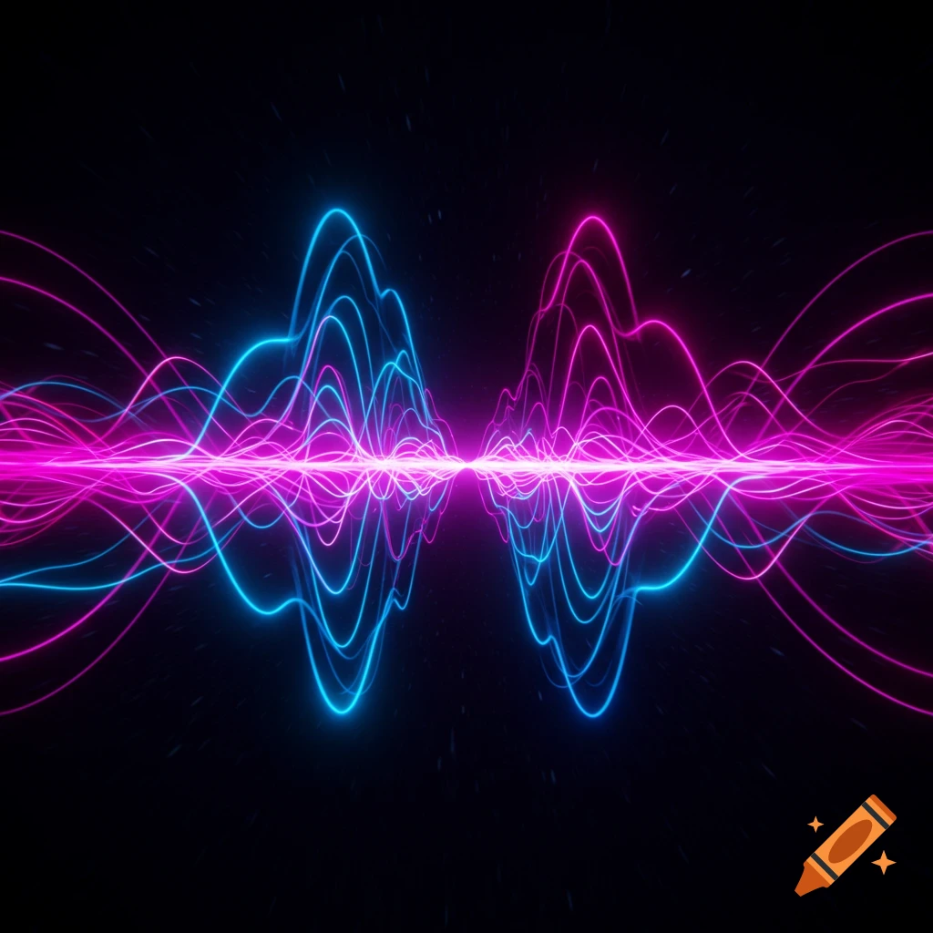 Neon blue and pink glowing abstract sound waves on a dark background.