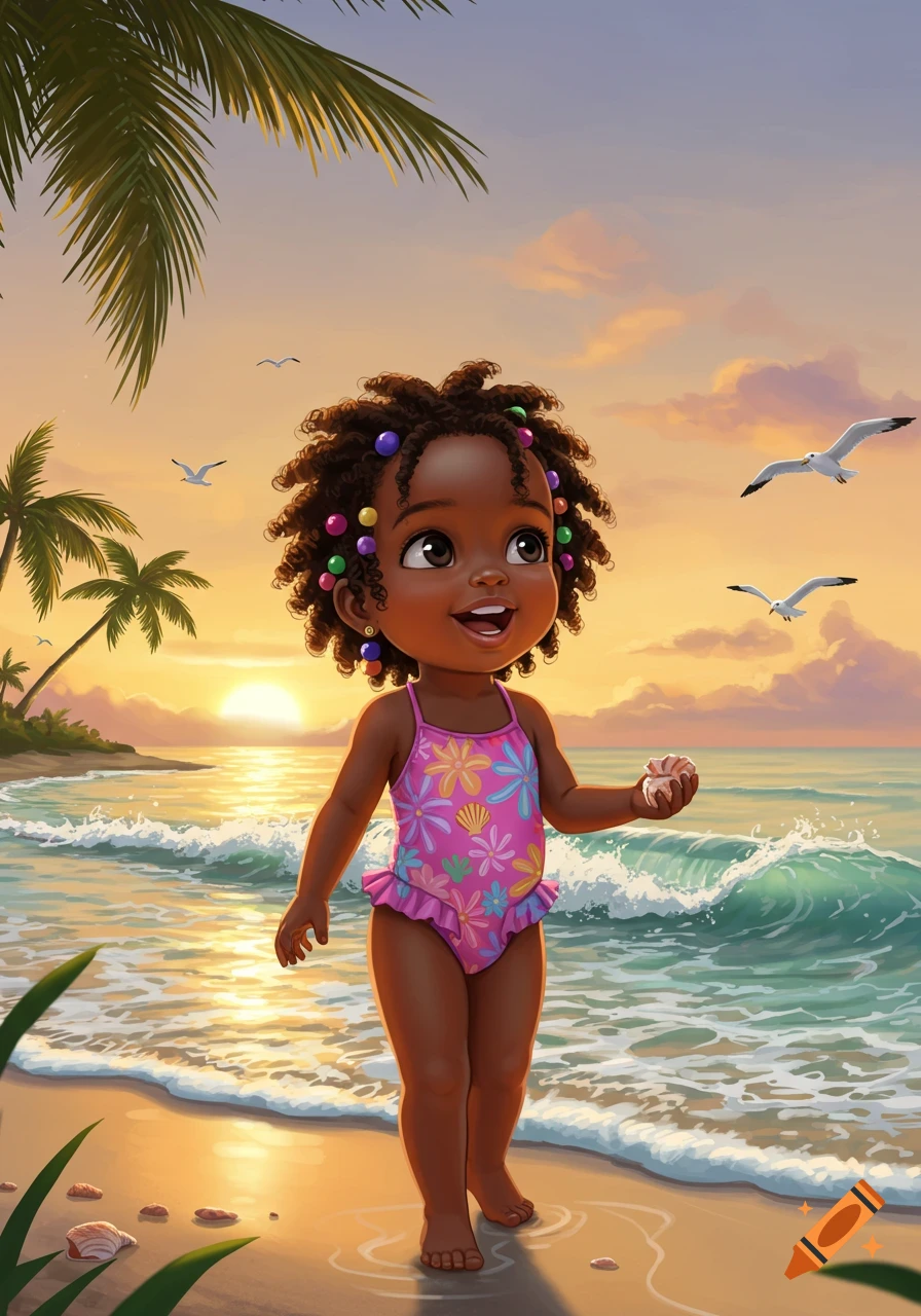 Cute Black girl in pink swimsuit walking on a beach at sunset, holding a seashell. Palm trees and seagulls in the background. Illustration.
