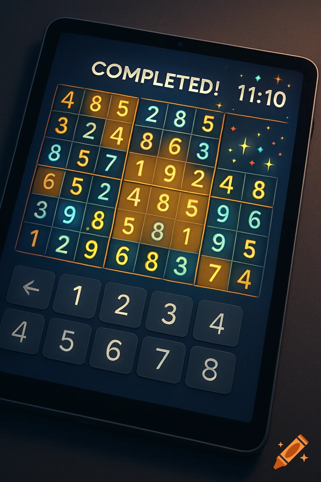A tablet displaying a completed Sudoku game with 'COMPLETED!' and '11:10' on the screen, along with a number keypad.