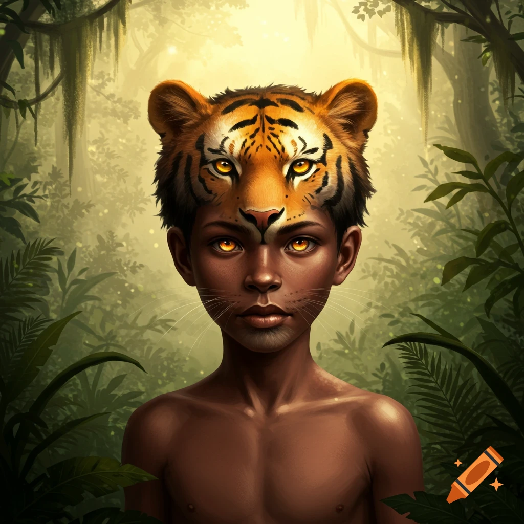 A dark-skinned boy with glowing orange eyes wears a tiger head headdress in a vibrant jungle setting.