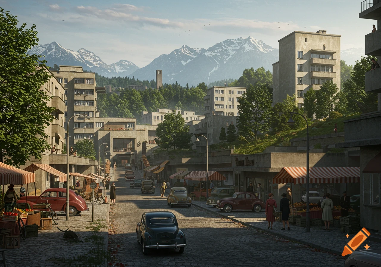 A photorealistic 1950s East German city street with brutalist buildings, vintage cars, market stalls, and mountains.