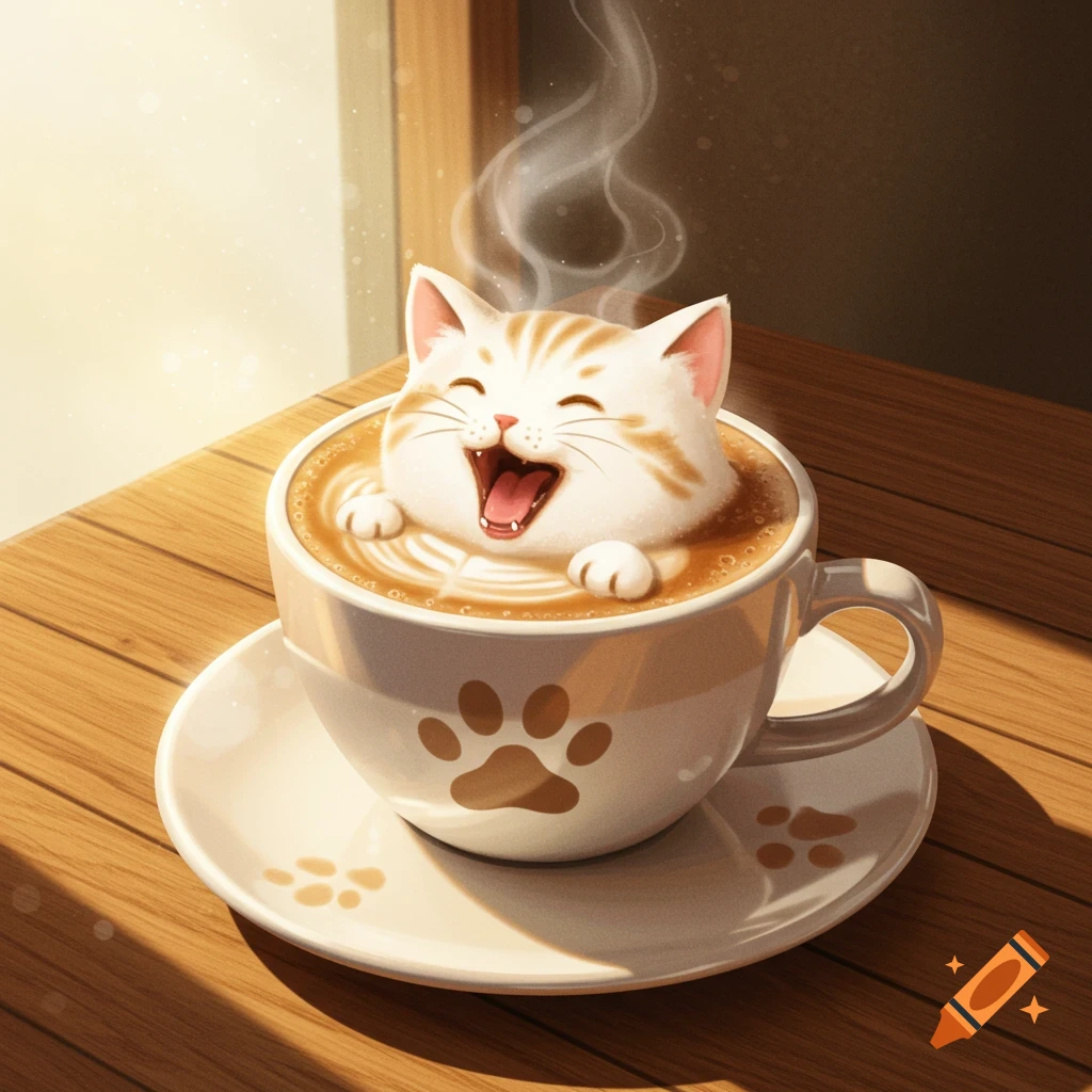 A fluffy, smiling orange and white cat peeks out of a steaming coffee cup with paw print designs, sitting on a wooden table.