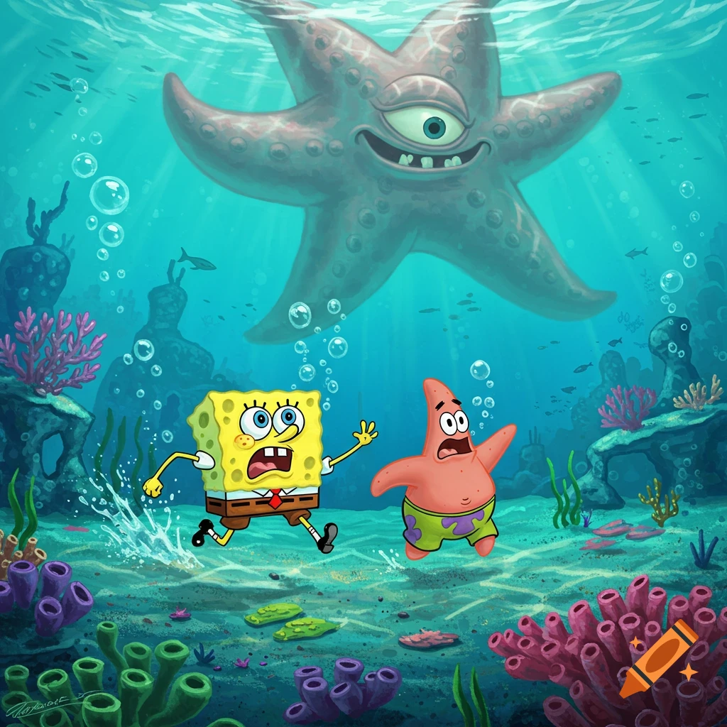 Spongebob and Patrick run in fear from a giant, one-eyed starfish monster under the sea in a vibrant cartoon style.