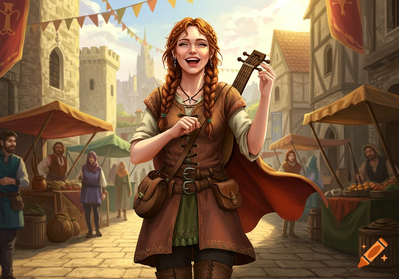 A joyful female bard with braided auburn hair and travel clothes plays a stringed instrument in a bustling medieval market.