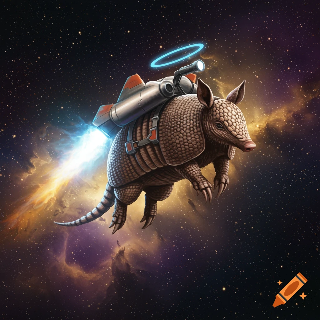 An armadillo flies through space with a jetpack on its back and a glowing blue halo above its head.